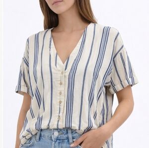 Icone By Simons Cotton Linen Blend Striped Button Front Short Sleeve Top